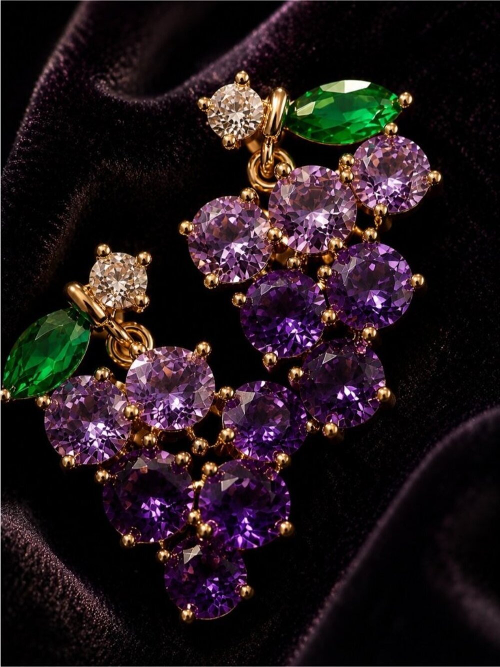 Gold-Plated Grape Cluster Earrings with Purple and Green Gemstones